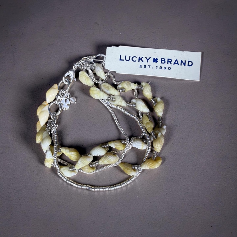 NWT Lucky Brand Shell & Metal Charm Bracelet, Beaded Adjustable Beach Theme